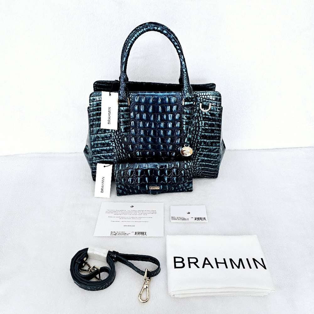 NWT Brahmin BLUE PATINA Small Finley w/Veronica Wallet